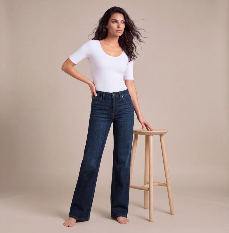 Vrouw draagt comfortabele jeans met een wit shirt en een opstaande kraag.