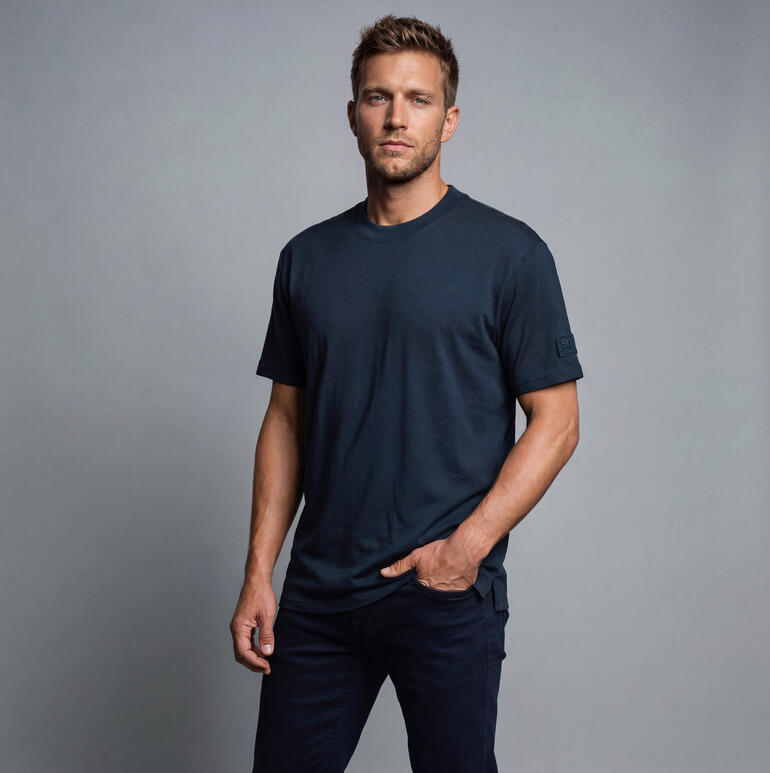 Man draagt een marineblauw T-shirt in een eenvoudig ontwerp
