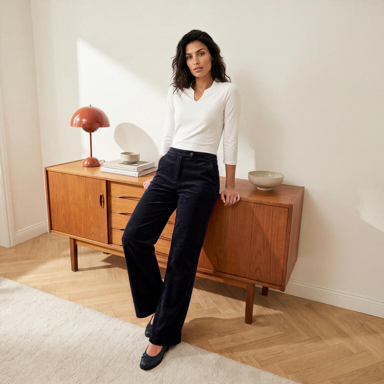 Vrouw in blauwe corduroy jacquard broek van FC, ontspannen houding binnen