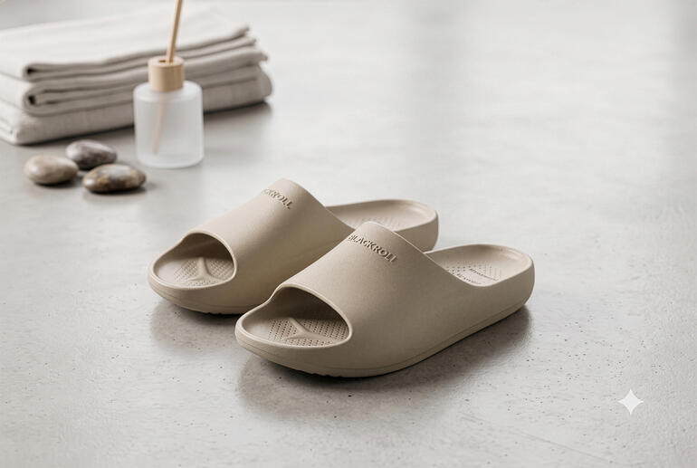 Beige slippers op een moderne vloer met handdoek en stenen op de achtergrond.