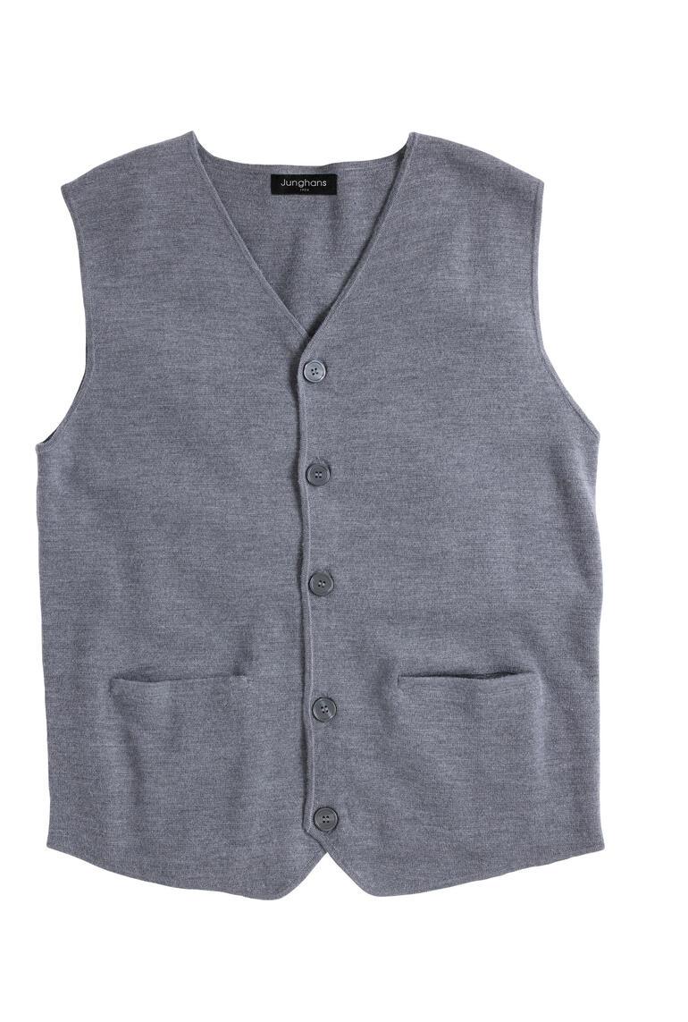 Grijze Milano-edelvest met knopen en twee zakken.
