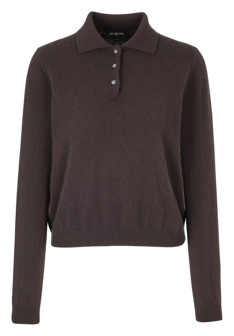 Dames kasjmier polo in bruin met knopen en lange mouwen.