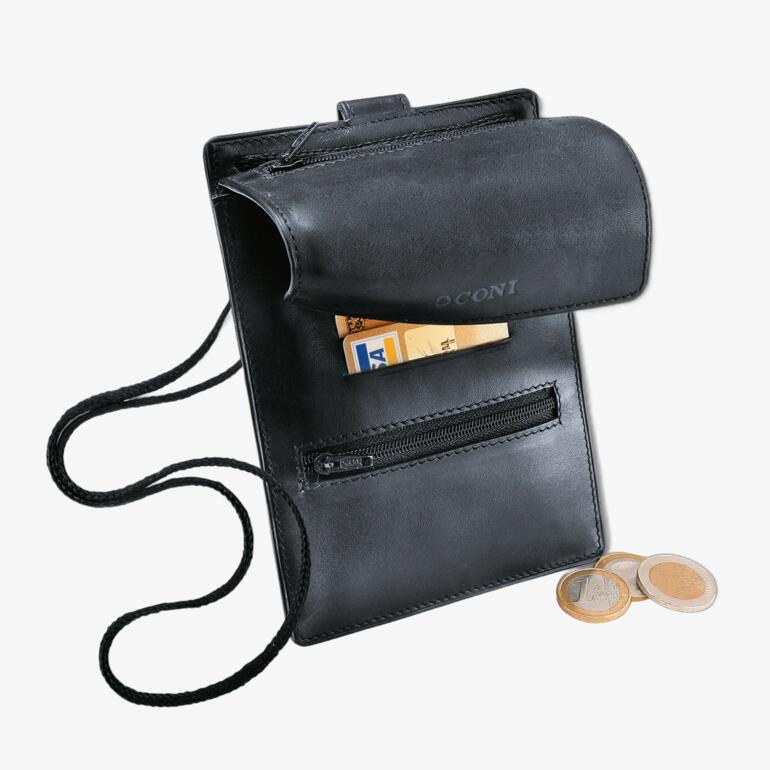 Zwarte leren borstbeutel met vakken voor geld en kaarten.